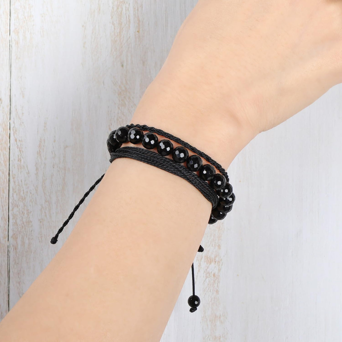 QOGIR Handmade Healing Bracelets,8mm Natural Faceted Black Onyx Gem Stone Beads Bracelet for Men Women Gifts with 2PCS Size Adjustable Rope Bracelets