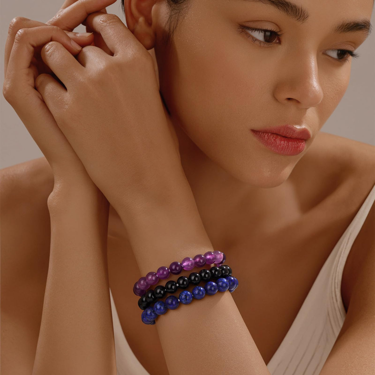 Vinswet Healing Crystal Bracelets for Women Men 8mm Amethyst Lapis Lazuli Black Obsidian Natural Stone Beaded Stretch Bracelet Handmade Gemstone Stress Relief Reiki Spiritual Jewelry Gifts