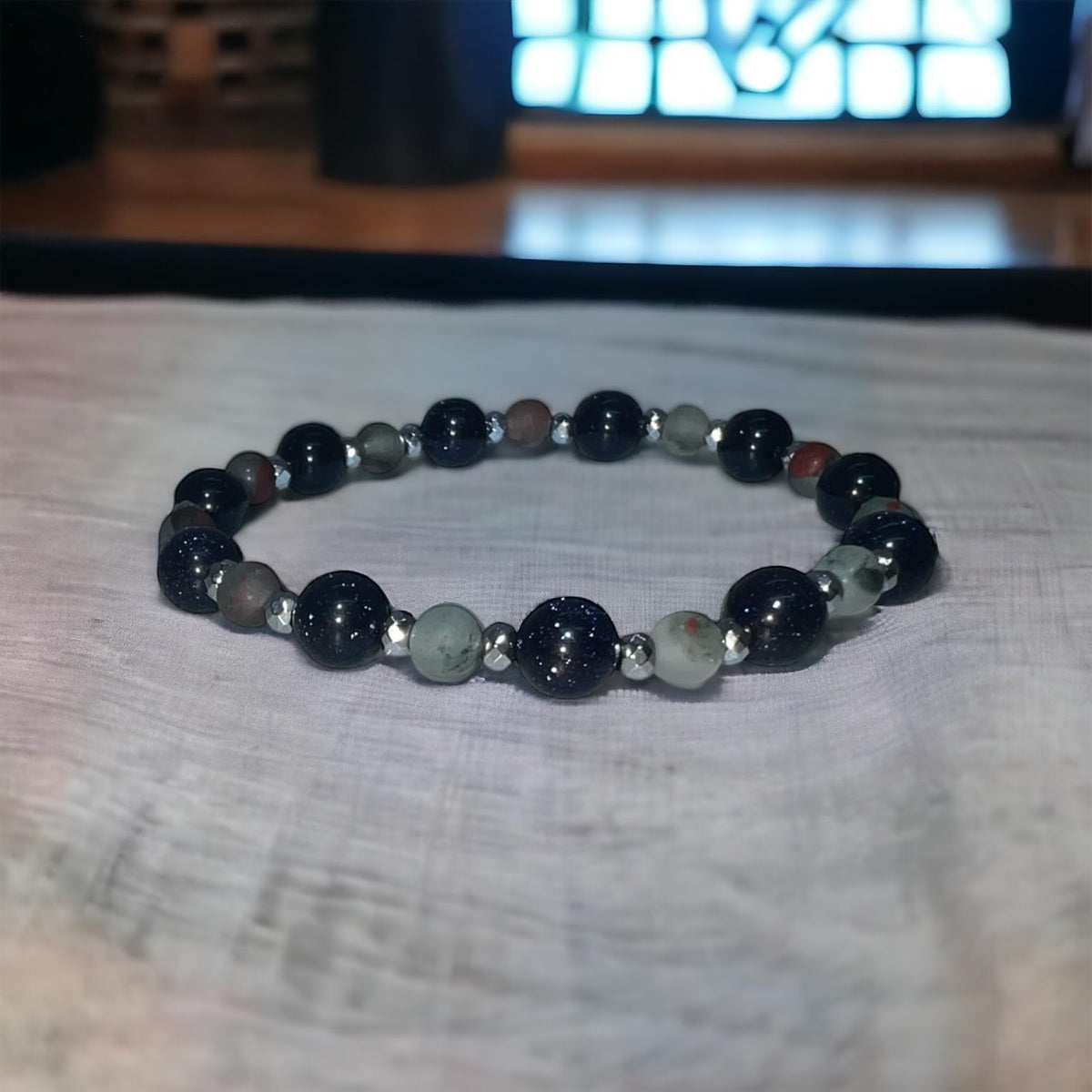 “DEXTER BRACELET” (Purple Goldstone & African Bloodstone) Natural Gemstone Healing Bracelet - [6.5 inches]