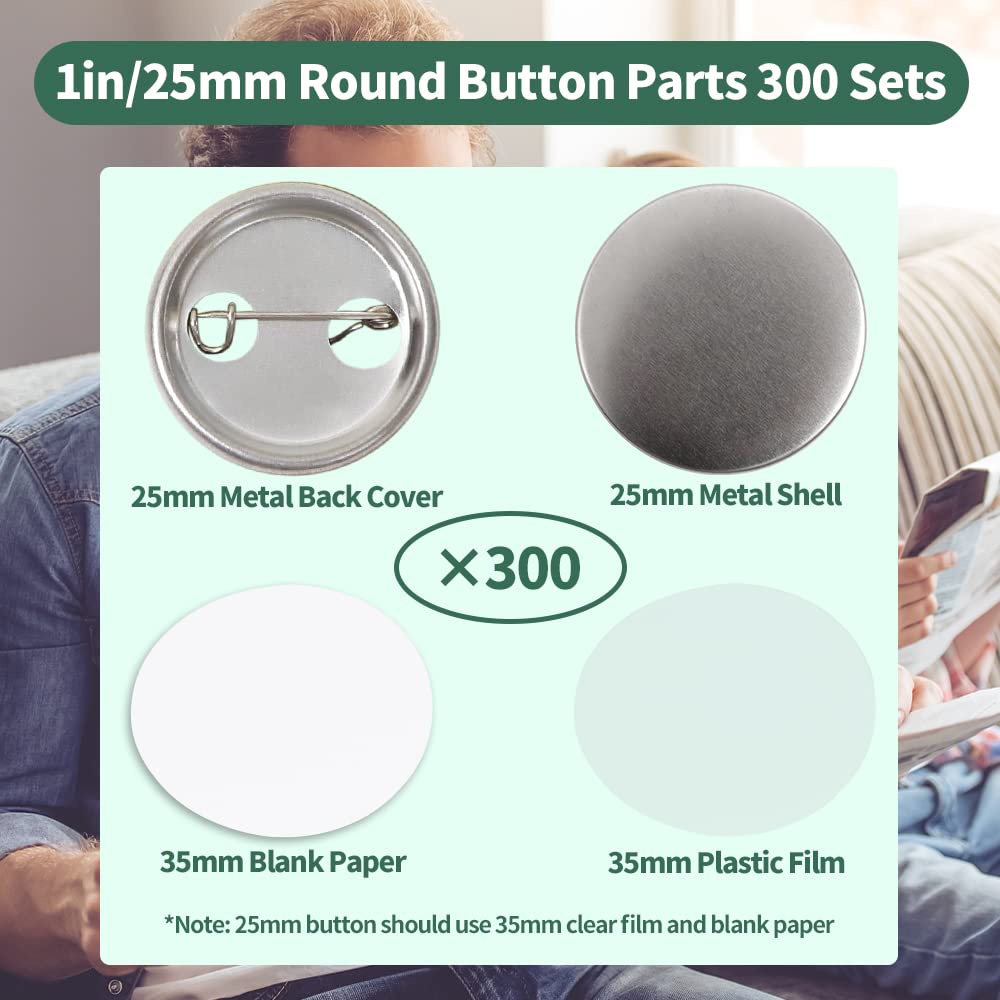 Mostme 300 Sets 1 inch Button Maker Supplies, 25mm Button Supplies Parts Badge Part, Buttons Making Supplies, Includes Metal Pin Back Cover, Metal Shells, Blank Paper&Clear Film