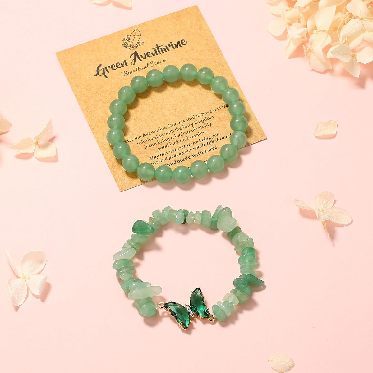 DUQGUHO 2Pcs Green Aventurine Bracelet for Women Butterfly Bracelet Gift for Women Healing Crystal Bracelet Natural Green Aventurine Jewelry 8mm Green Crystal Beaded Bracelet Gift for Birthday