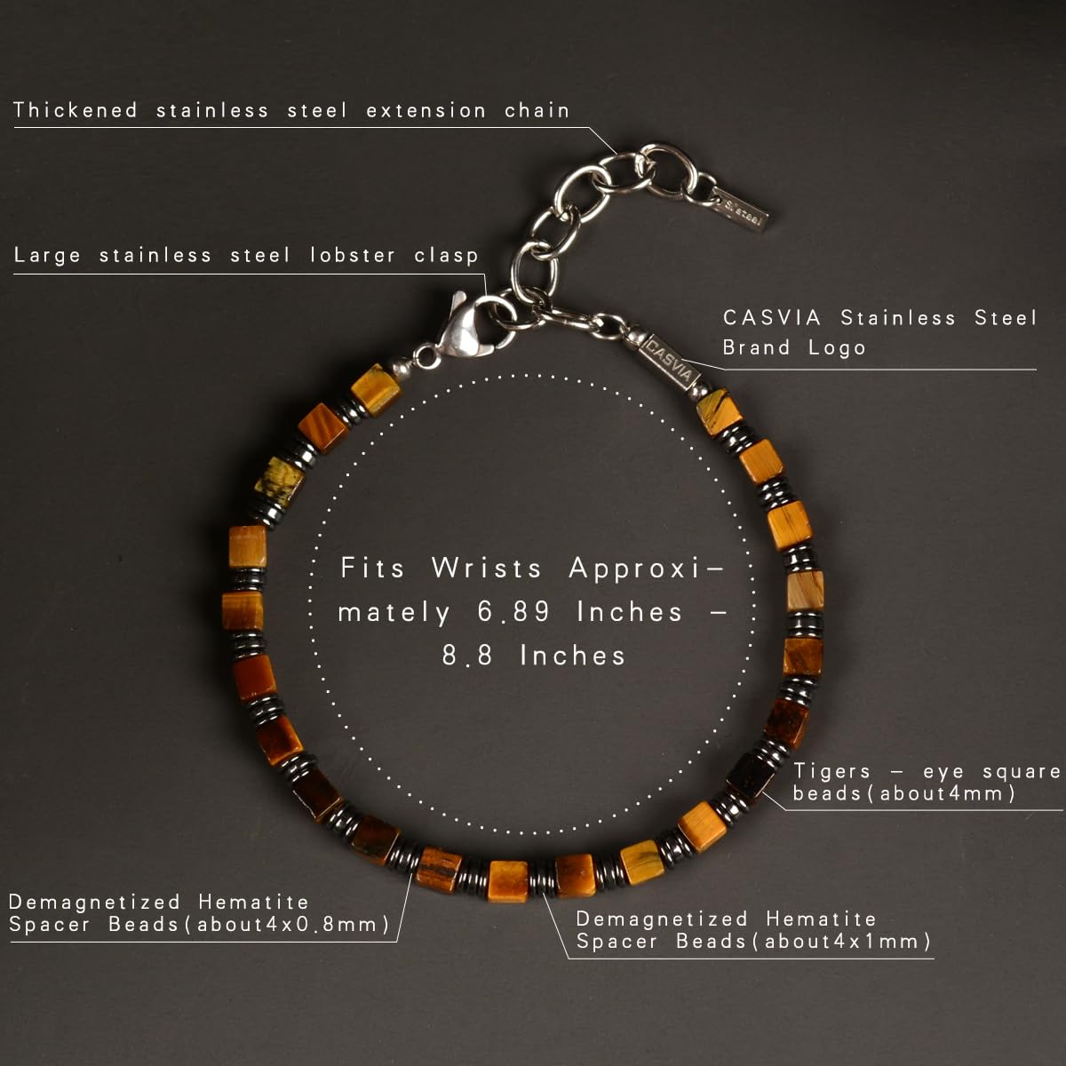 Casvia Tiger's Eye Hematite Beaded Bracelet for Men, Square Stone Adjustable Stainless Steel Chain, Handmade Stylish Jewelry Gift for Dad, Husband, Son & Friend
