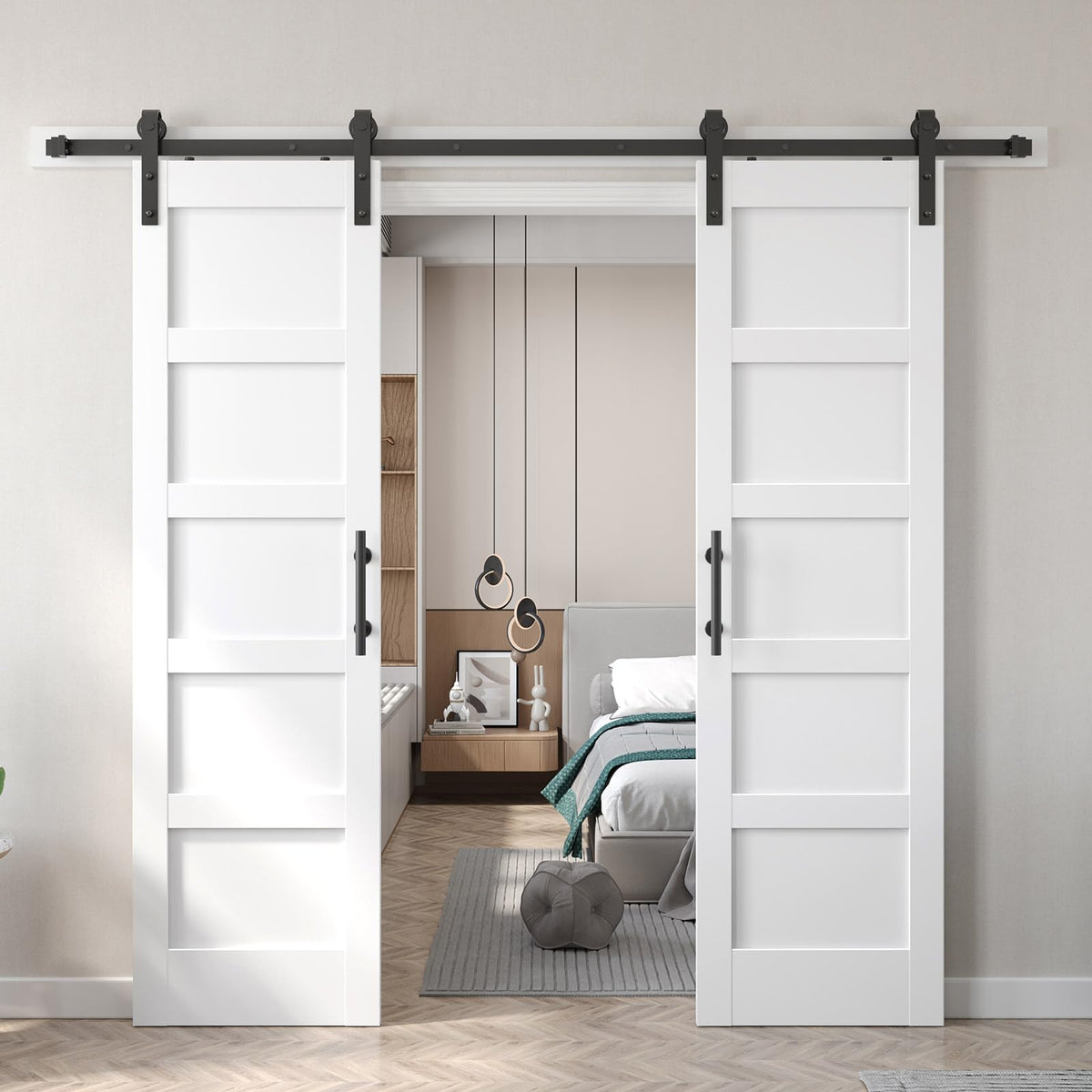 Fredbeck Double 24x84 inch White Barn Door with 8FT Barn Door Hardware Kit Included,with MDF and Wood,DIY Assembly,5-Panel,48inch barn Door,Fit 45in-47in Opening