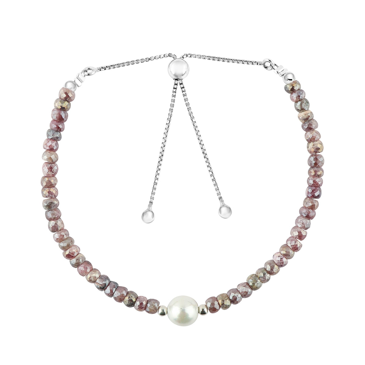 CRYSTALINES Coated Silverite Gemstones Beads Bolo Bracelets with Pearl, Handmade, Birthstone, Beaded Bracelet, Crystals Jewelry, Women Bracelet, Silver Plated Adjustable Chain 10inch