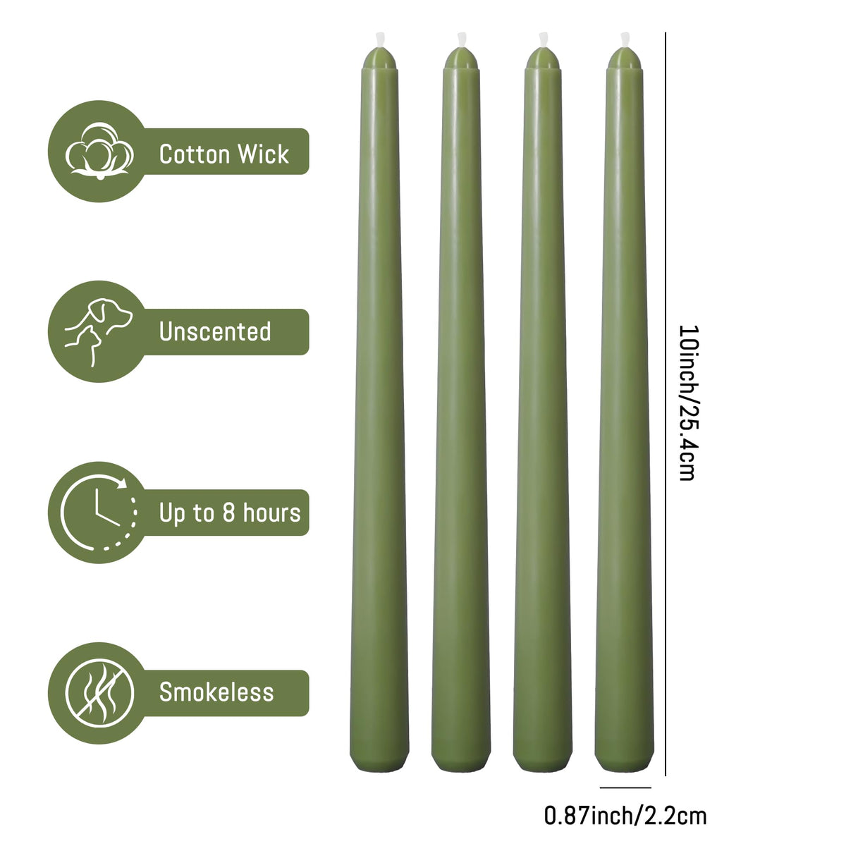 Viyffo Taper Candles, 10 Inch, 20 Pack, Olive Glow – Unscented, Dripless & Smokeless Design, Up to 8 Hour Burn – Long Tall Taper Candlesticks for Wedding, Dinner & Home Decor