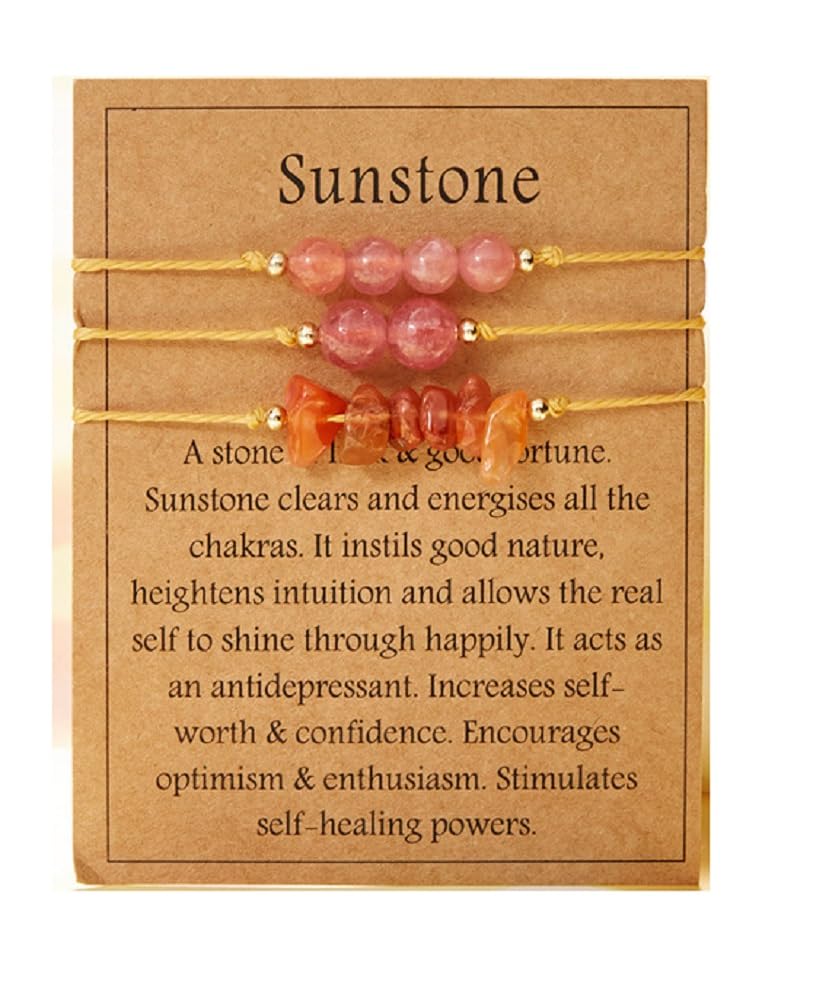 3Pcs Natural Stone Bracelet for Women Men Healing Crystal Chip Bead Bracelets Spiritual Amethyst Rose Quartz Chakra Bracelets Set Anxiety Reiki Energy Power Healing Crystals Jewelry( Sunstone)