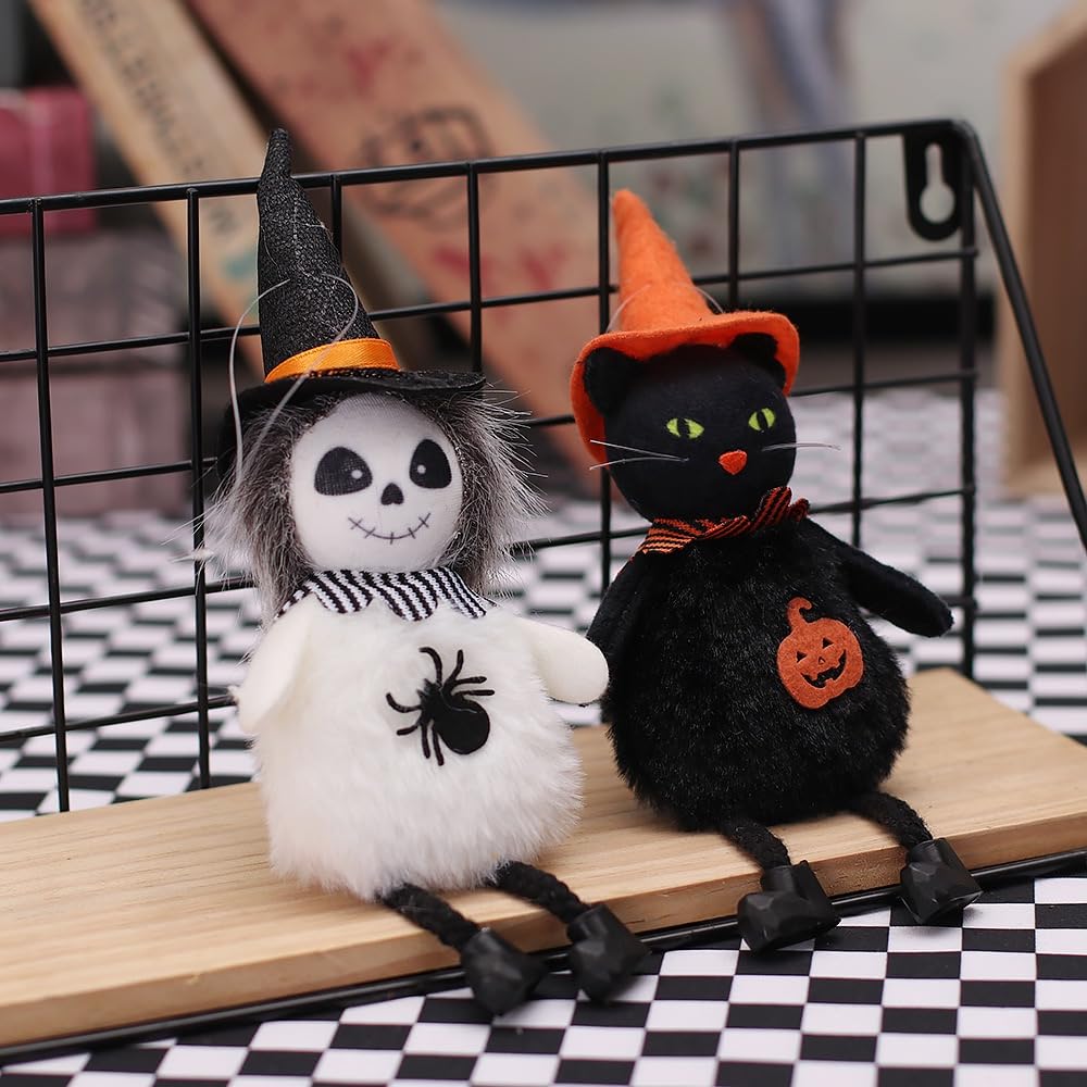 Halloween Tree Decorations Set of 4PCs Witch Black Cat Pumpkin Ghost Plush Hanging Ornaments for Holiday Party Home Christmas Tree Decor