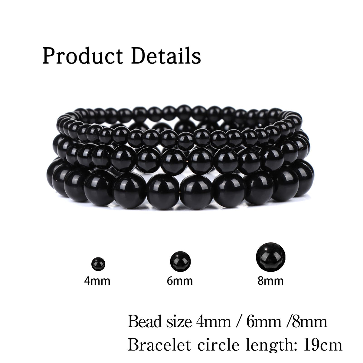 Risyfjew 3 PCS Natural Stone Beaded Stretch Bracelet 4mm 6mm 8mm Healing Crystal Bracelets Women Black Onyx Jewelry Gift
