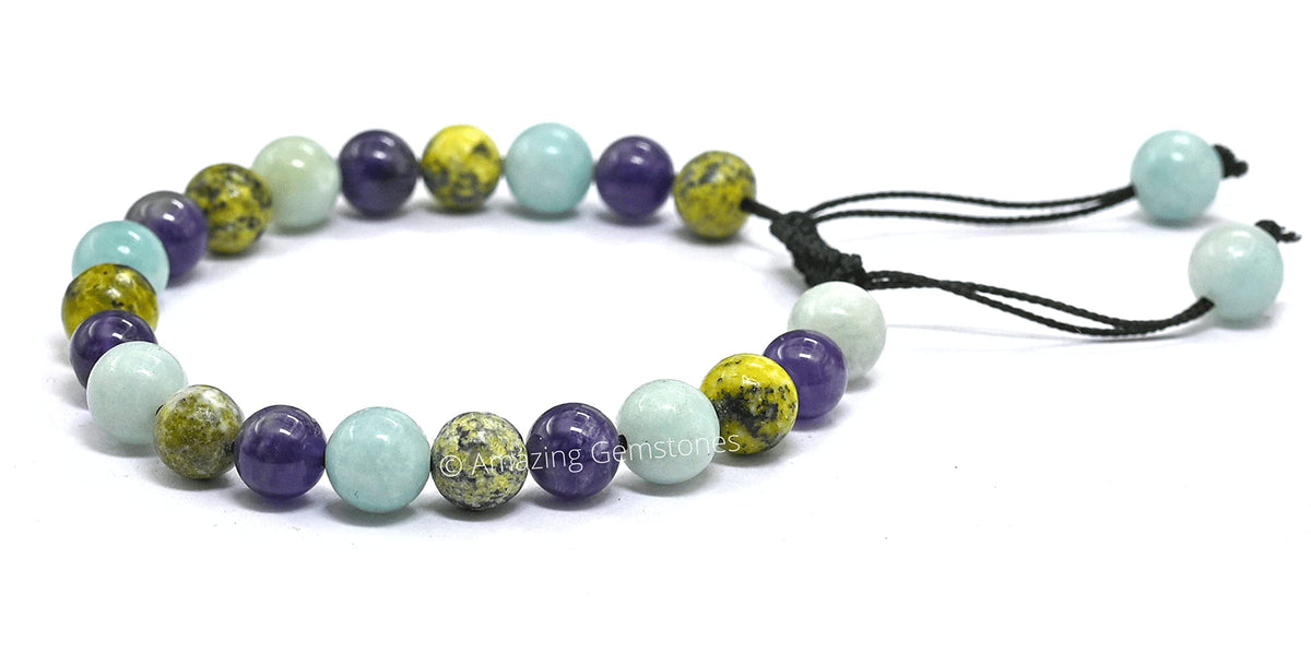 Amazing Gemstone Bracelet for Headaches and Migraines - Amazonite Serpentine Amethyst Bracelet Set for Men Women Healing Calming Anxiety Stress Relief Gifts Pulseras Para Hombres Mujer (Adjustable)