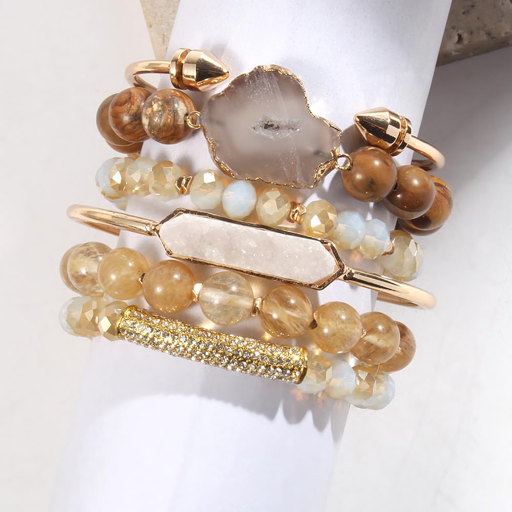 Yomisa 6PCS Natural Boho Beaded Bracelets Bangle for Women,Healing Turquoise Tiger eyes Agate Crystal Gemstone Stone Diamond Chakra Multi Wrap Bohemian Handmade Jewelry Beads Stretch Bracelet Set