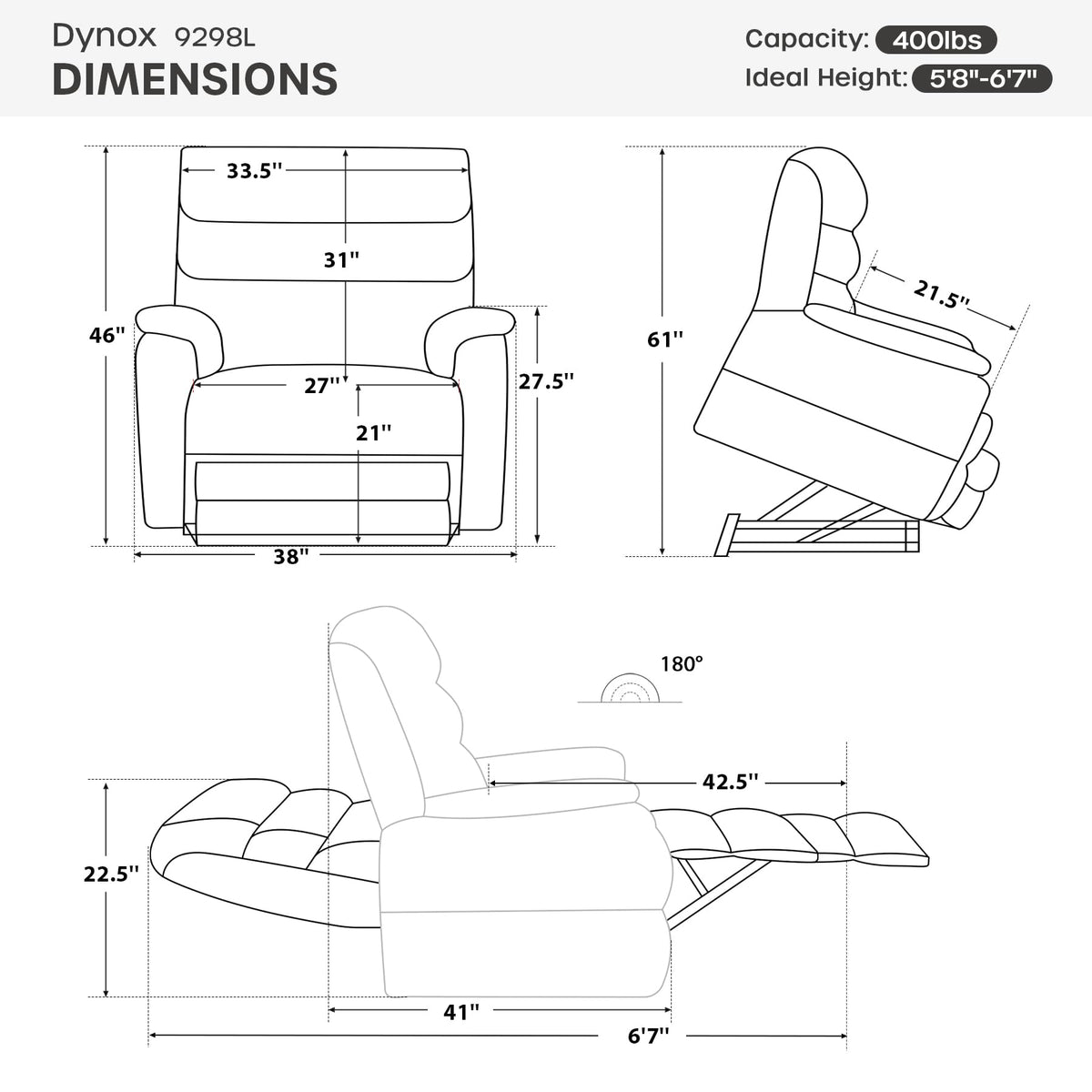 DYNOX 400 LBS Big Tall Man Large-Wide Power Dual Motor Lift Recliners Chairs for Elderly, Lay Flat Lift Chair with Infinite Positions, Heat & Massage, Extended Footrest (9298L, Chenille, Grey)