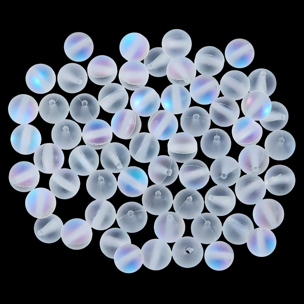 PONABEADIY 1 Box 120PCS 8MM Moonstone Matte Round Beads with Holes Iridescent Frosted White Clear Transparent Gemstone Stone Spacer Loose Bead Bulk for Jewelry Making Necklaces Bracelets DIY Craft