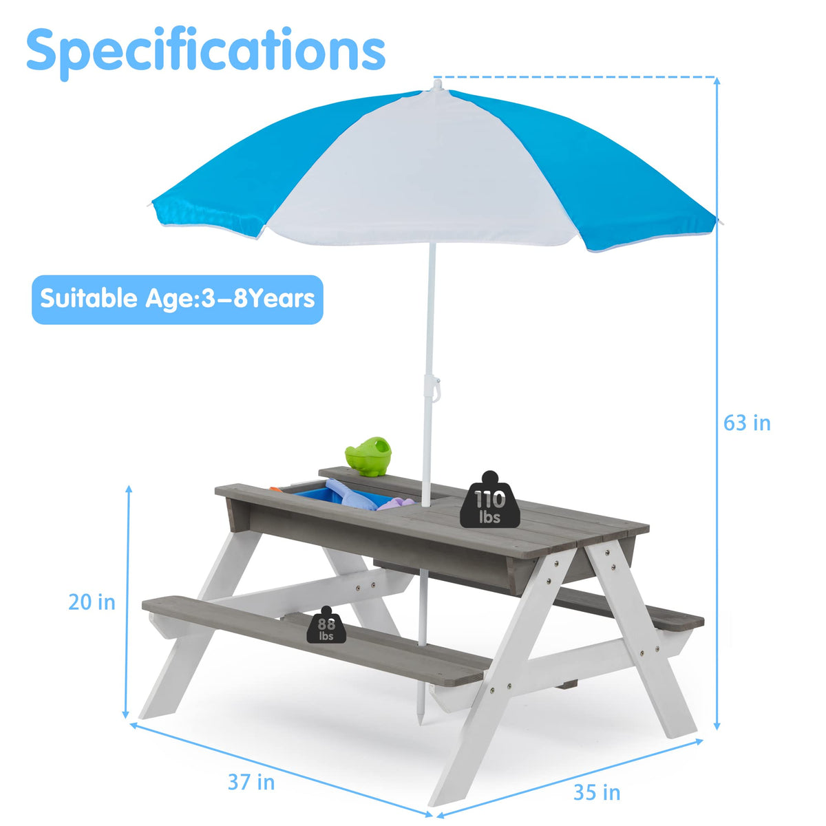 3 in 1 Outdoor Wooden Picnic Table with Umbrella, Convertible Sand Wate, Gray CPSIA Certification
