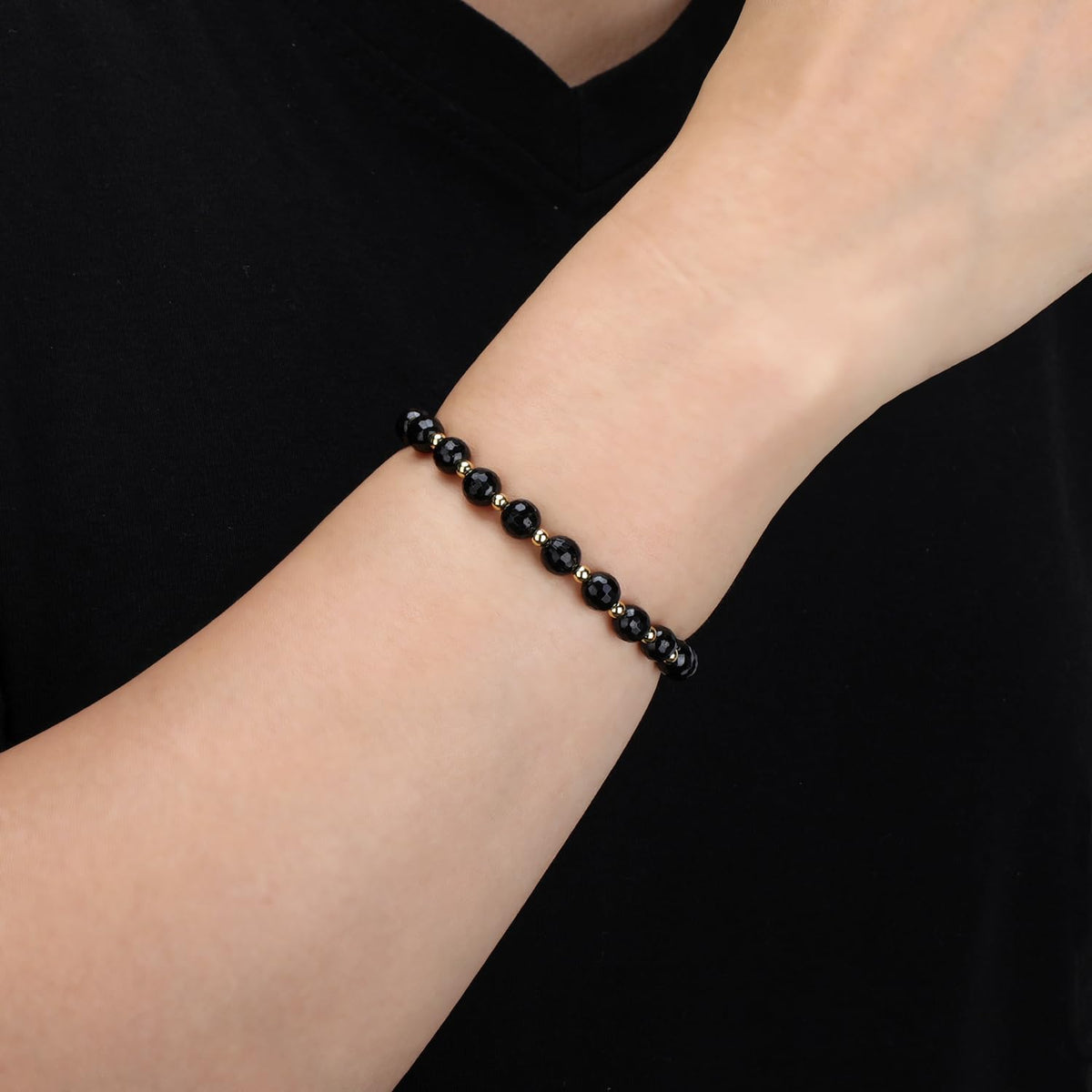 QOGIR Black Tourmaline - Psychic Protection - 14K Gold Plated Beads Natural Gemstone Stretch Elastic Dainty Healing Beaded Bracelets Gifts 6mm