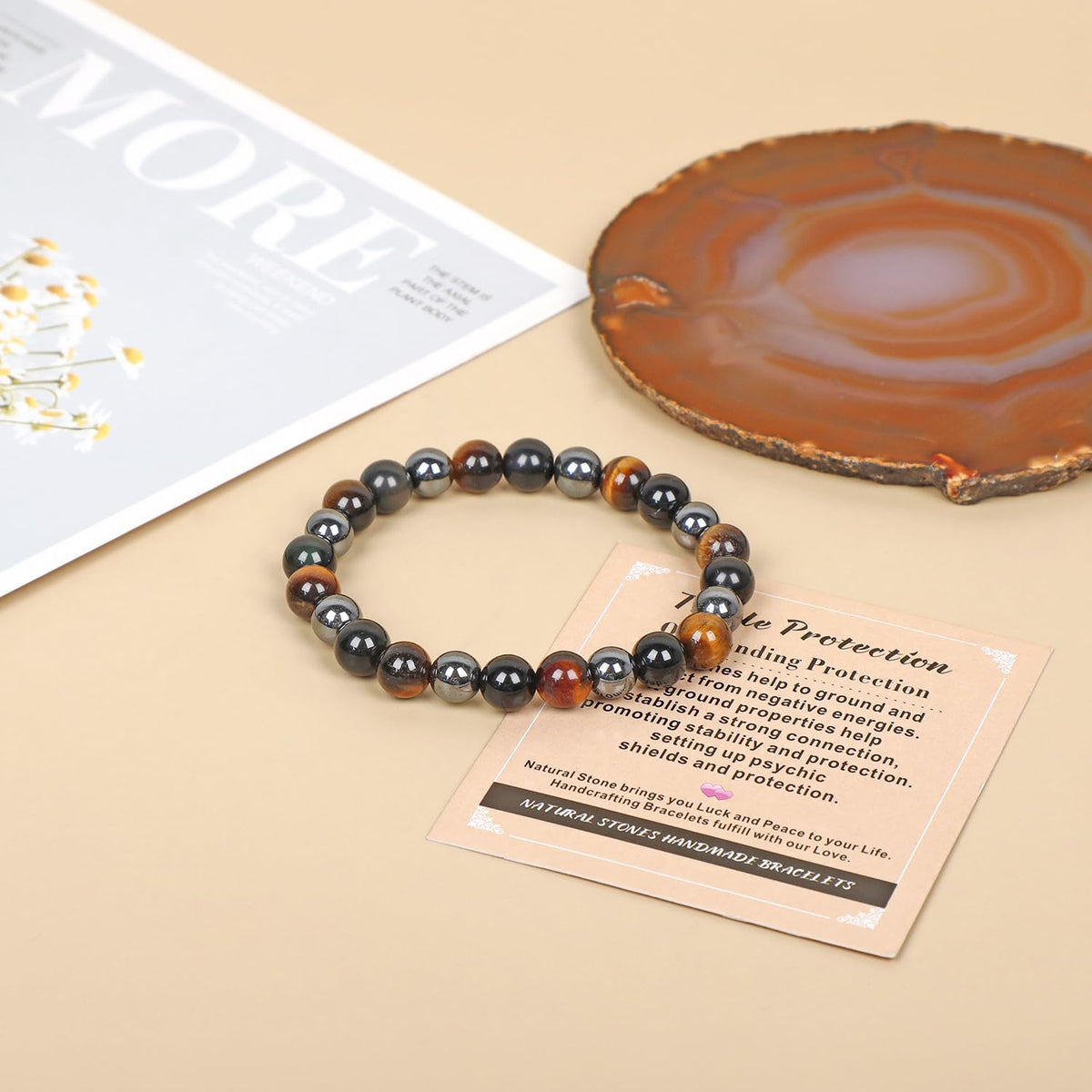 AD Beads Handmade Gemstone Stretch Elastic Bracelet Crystal Healing Reiki Nature's Beauty and Spiritual Essence Unisex (6mm, Triple Protection (Strong Protect))