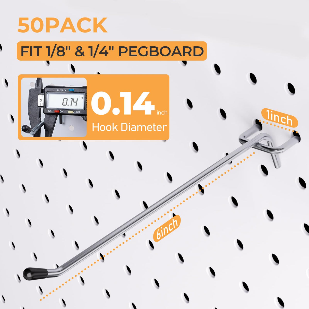 INCLY 50 Pack Pegboard Hooks, 6 Inch Metal Peg Board Shelving Hooks Accessories, Peg Board Tool Hangers Fit for 1/8“ and 1/4" Pegboard Hanging Tools for Garage, Craft Room, Kitchen, Store