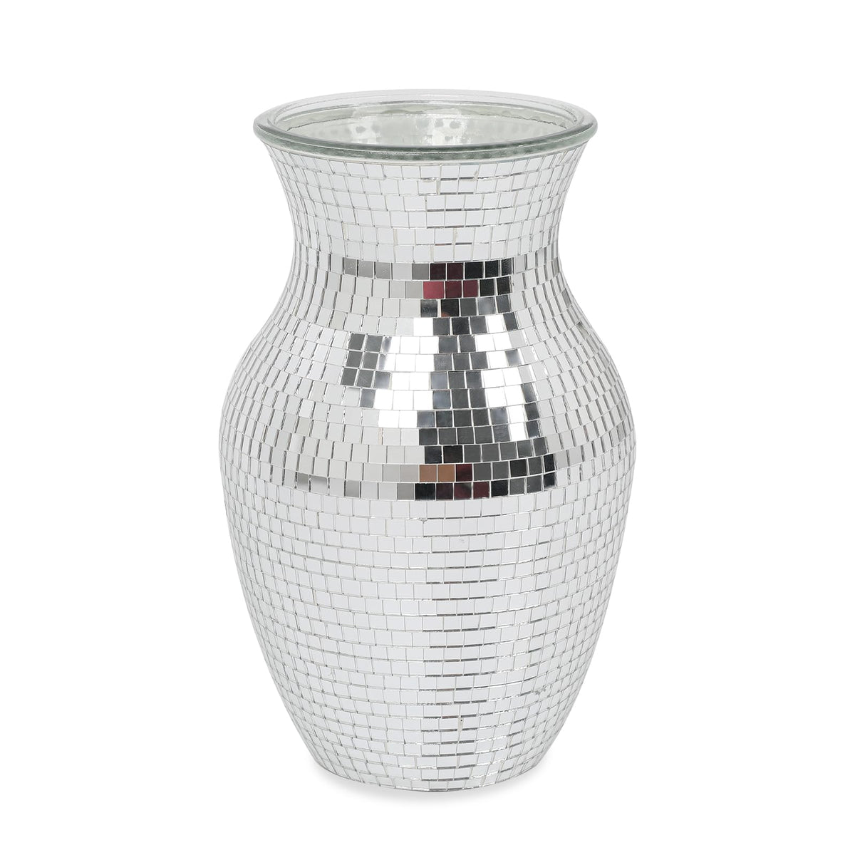 Adedeo Mosaic Glass Flower Vase for Home Decor, Handmade Glass Mosaic Vases for Living Room, Kitchen, Wedding, Office (Silver Mirror, 5 * 8 Inch)
