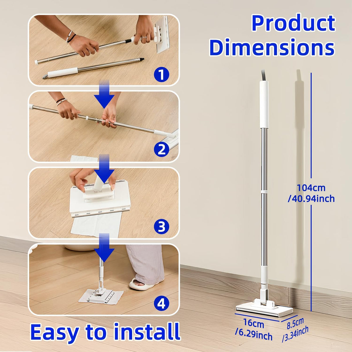 Press Grip Mini Mop, Zero-Touch Gap Dust Cleaner with 39in Lazy Mop & Hands-Free Lock Head, Disposable Dust Mop for House Wall Bathroom Toilet Corners Multi Surface Cleaning with 5 Cloths