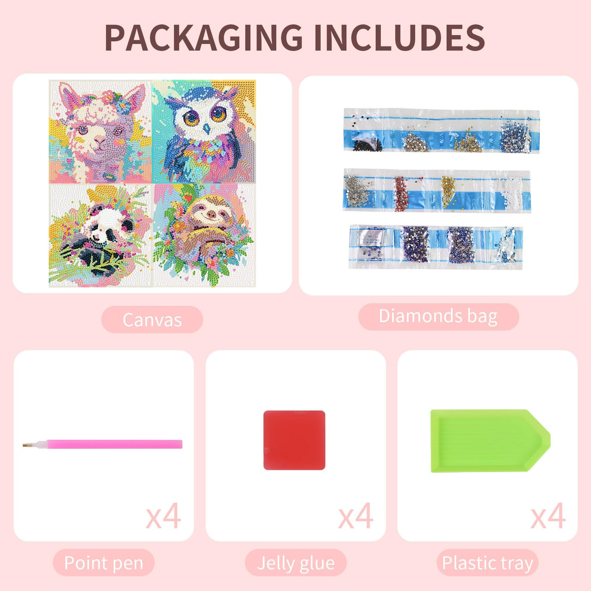 FlyingMage 5D Diamond Art Kits for Adults, Kawaii DIY Painting Art for Women, 4 Pack Cute Diamond Arts and Crafts Sets, Diamond Art Mosaic Kits,Big Gem Full Drill Diamond Dots, Alpaca Owl Panda Sloth