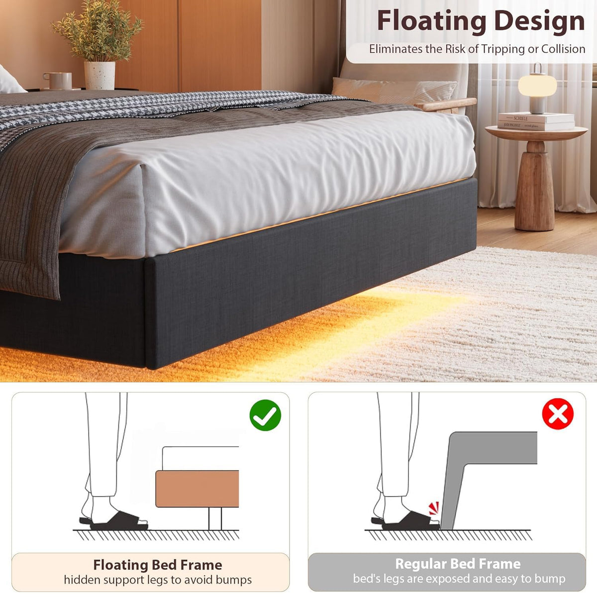 COZONY Modern Floating King Bed Frame with LED Lights, USB Charging Station, Upholstered Storage Headboard, Sturdy Wood Slats, No Box Spring Needed, Easy Assembly, Noise-Free, King-Black