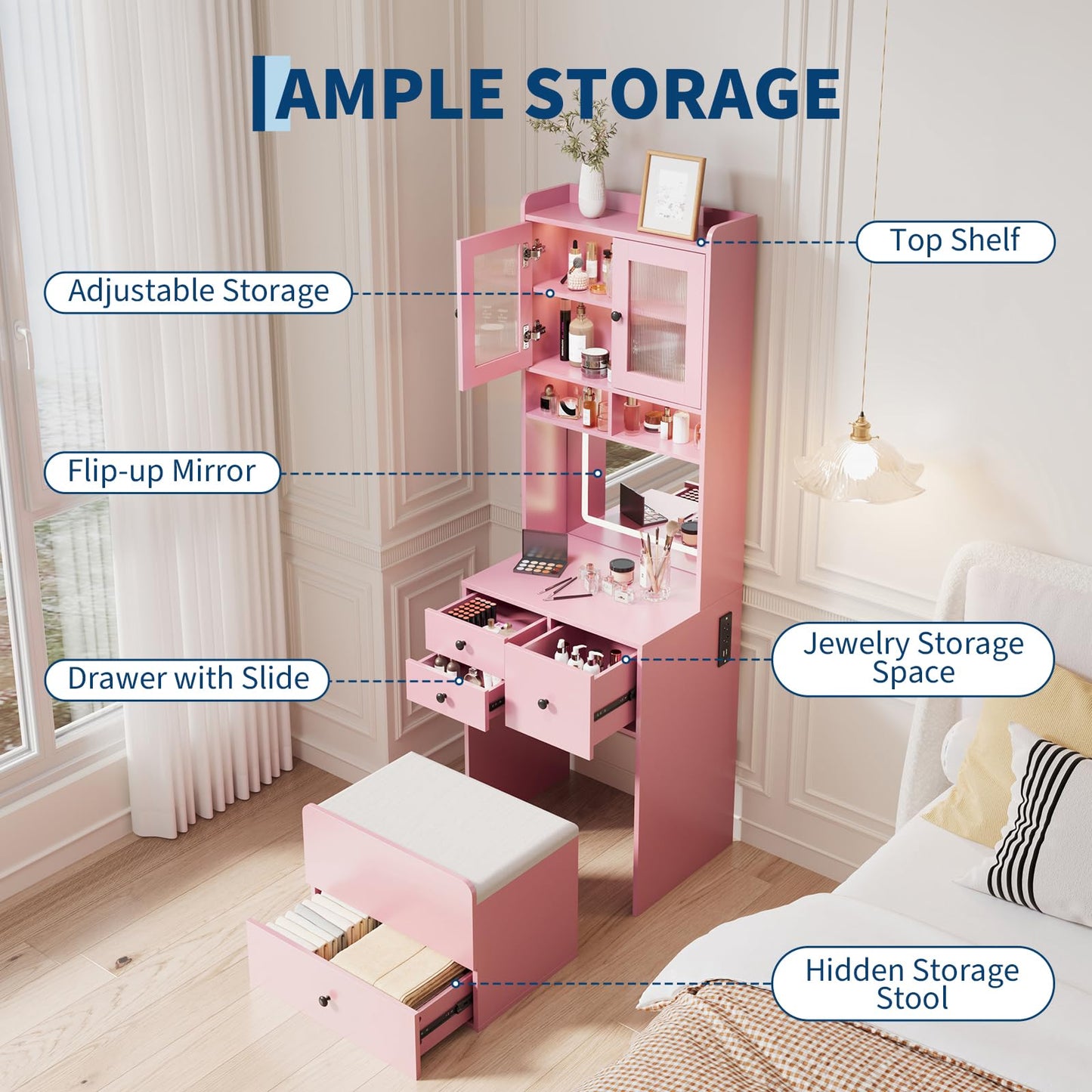 Hetoy 3-in-1 Vanity Desk with Sliding LED Mirror, AC Outlets & USB-C, 4 Drawers, Acrylic Doors, Storage Stool, Cushioned Chair - Complete Makeup Dressing Table Set for Bedroom - Pink