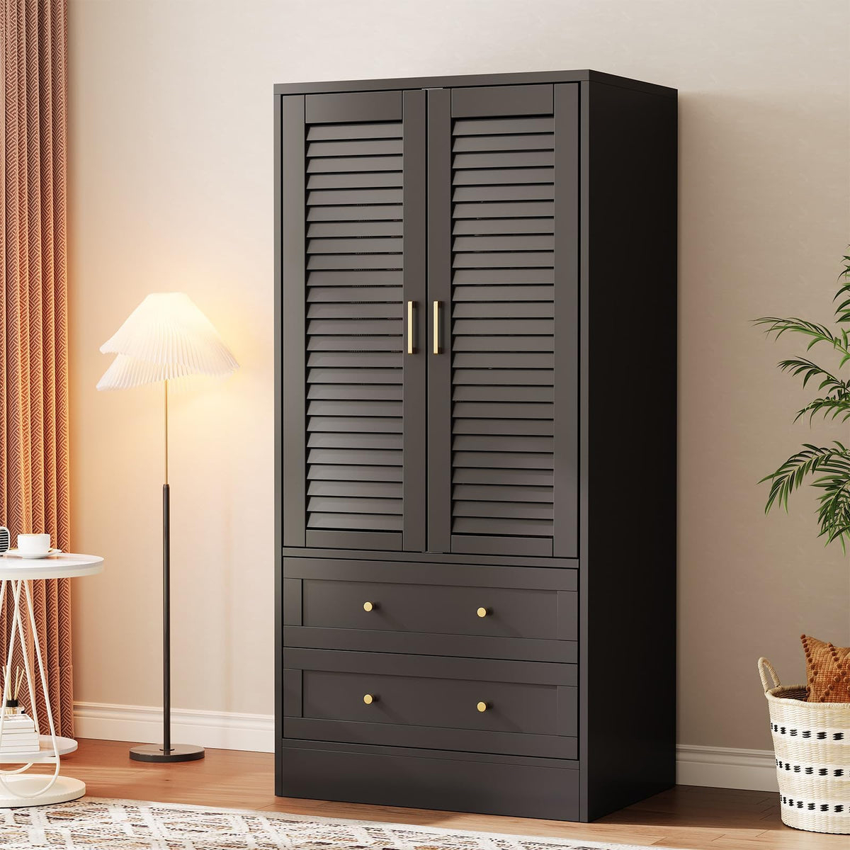 Garvee 65" Louvered Armoire Wardrobe Closet with 2 Doors and 2 Drawers, Large Capacity Storage, Wooden Wardrobe Cabinet with Hanging Rod for Bedroom, Cloak Room, Laundry Room, Entrance Hall, Black