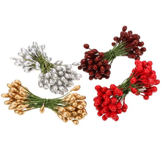 BBTO Pack of 400 Multicolor Artificial Holly Berries, Christmas Fake Fruit Berries on 200 Wire Stems for Christmas Tree Decoration, Flower Wreath DIY Craft