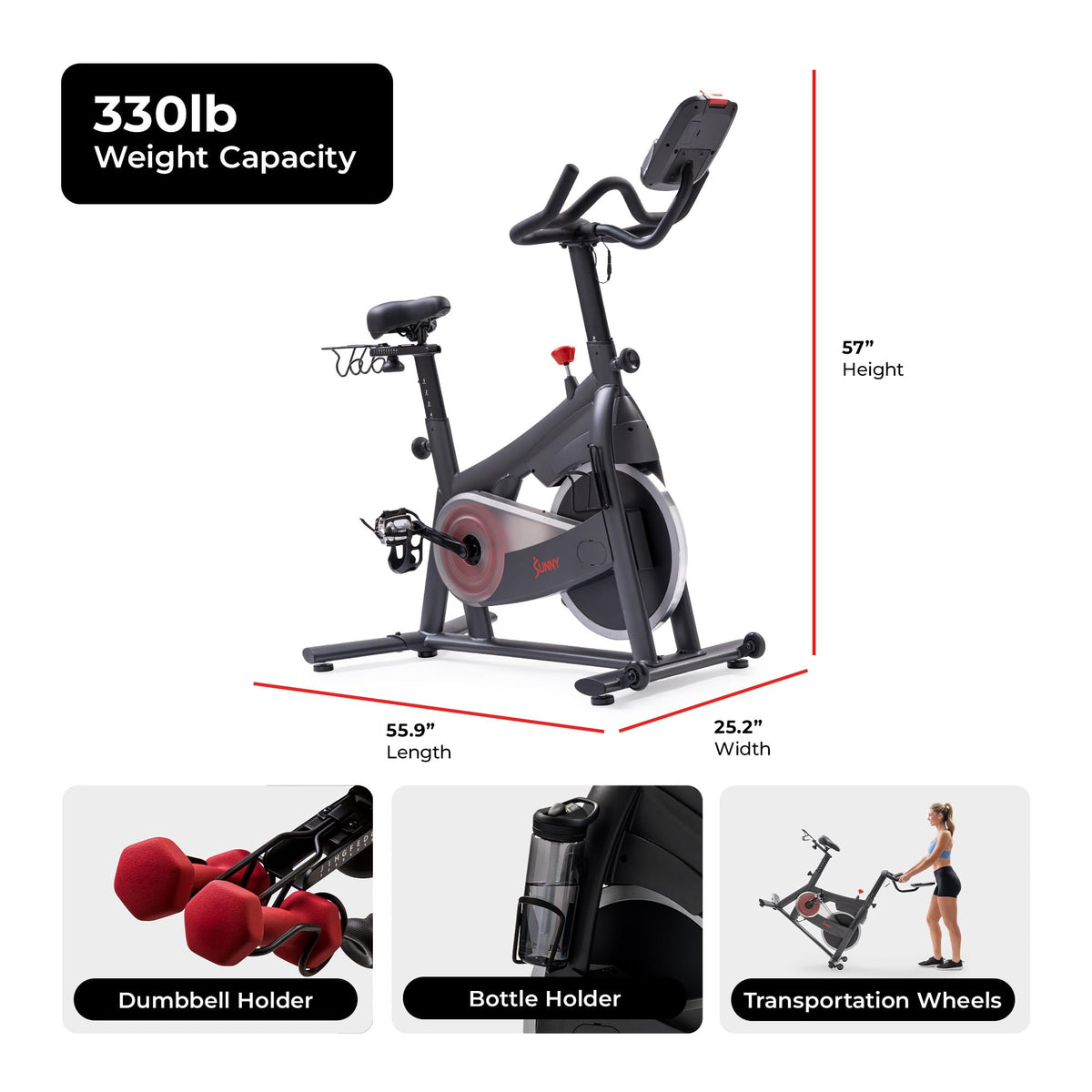 Sunny Health & Fitness PACE 300 Smart Magnetic Indoor Cycling Bike, Quiet Exercise for Home Gym Cardio Training, Ultimate Fit with Adjustable handle & seat, Free SunnyFit App Connection - SF-B124068