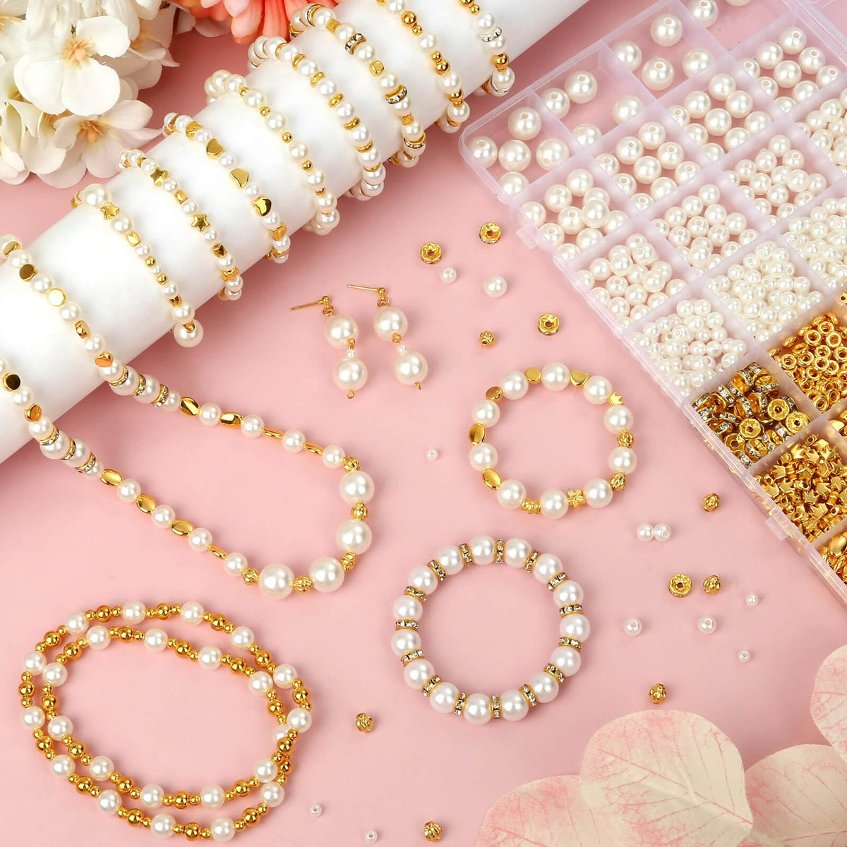 1352 Piece Gold Spacer and Pearl Beads for Bracelets, Assorted Gold and Pearl Beads for Jewelry Making