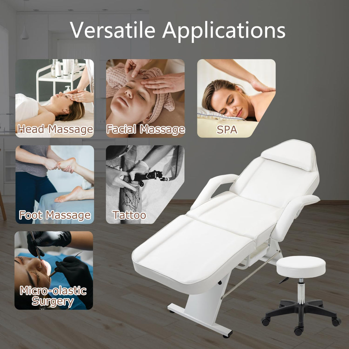 Geelife Massage Salon Tattoo Chair with Two Trays Esthetician Bed with Hydraulic Stool,Multi-Purpose 3-Section Facial Bed Table, Adjustable Beauty Barber Spa Beauty Equipment, White - Metal White -
