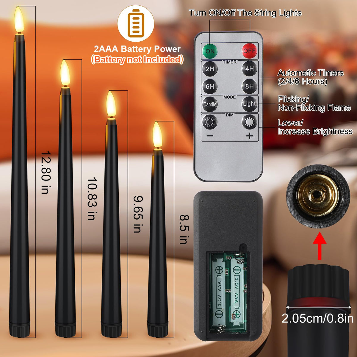 Rossesay 28 Pcs Flameless Taper Candles with Timer Remote 4 Sizes of 8.5", 9.6", 10.83", 12.8" LED Flickering Taper Candles Battery Operated for Valentine's Day Church Wedding Home Decor(Black)
