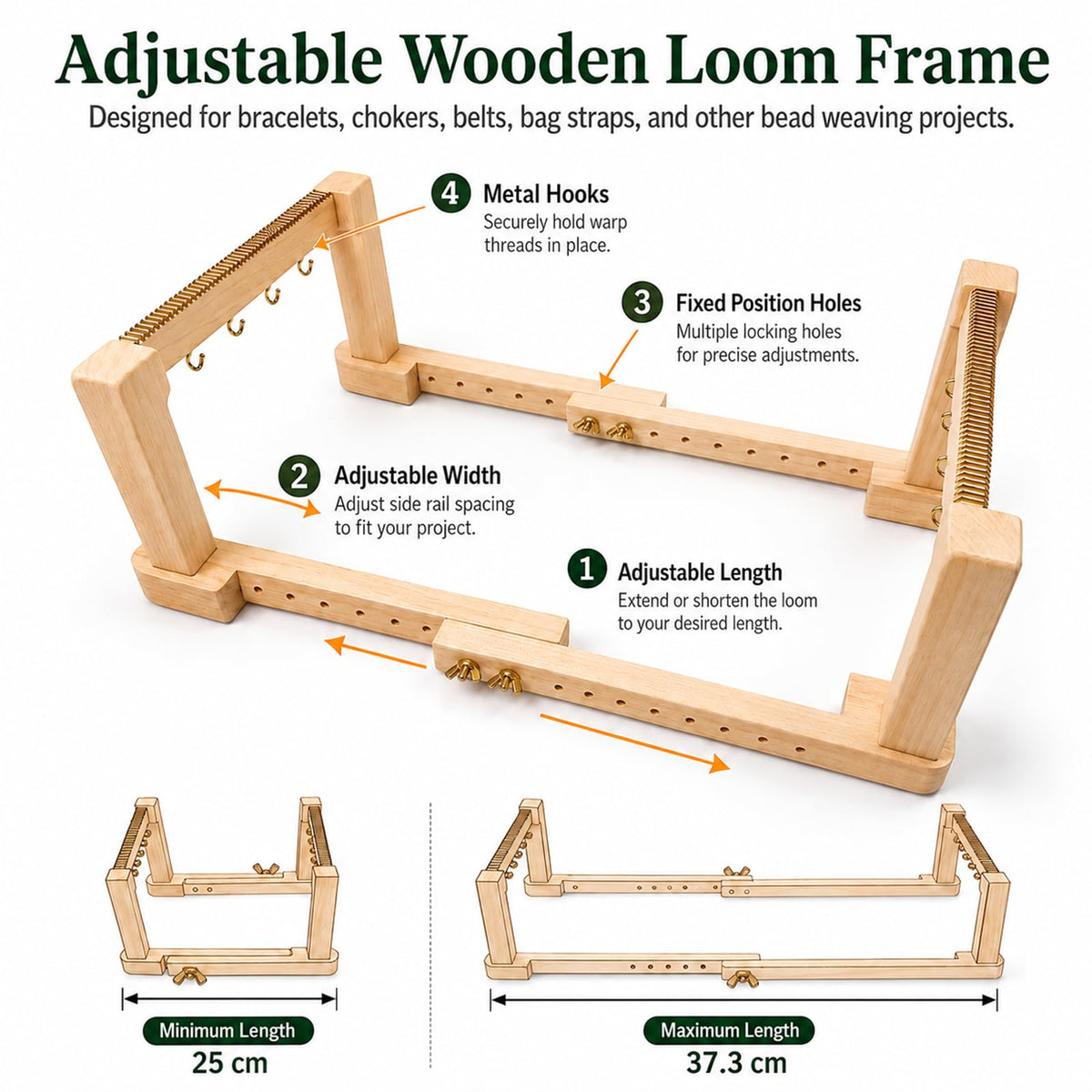 TMEGMIC Adjustable Wood Bead Loom Kit - Professional Wooden Weaving Frame for Jewelry Making - Sturdy Tool for Beginners, Seed Beads, Bracelets & DIY Crafts (Natural Wood-Vintage Green Bracelet)