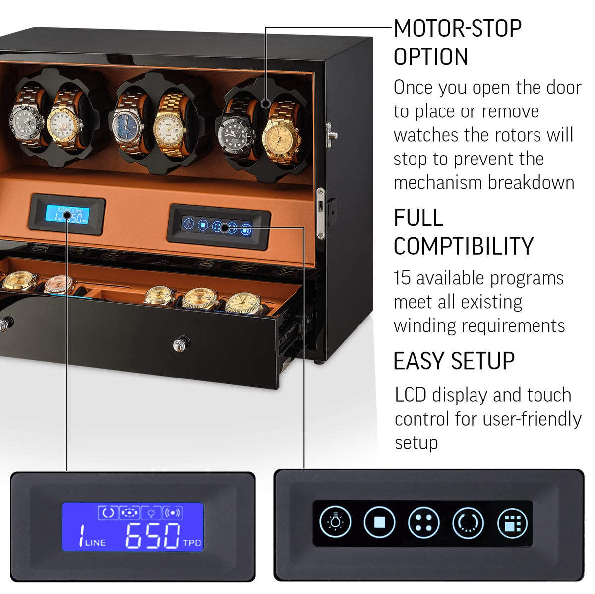 Automatic Watch Winder with 6 Storage Slots, LED Light and Automatic Motor-Stop Option