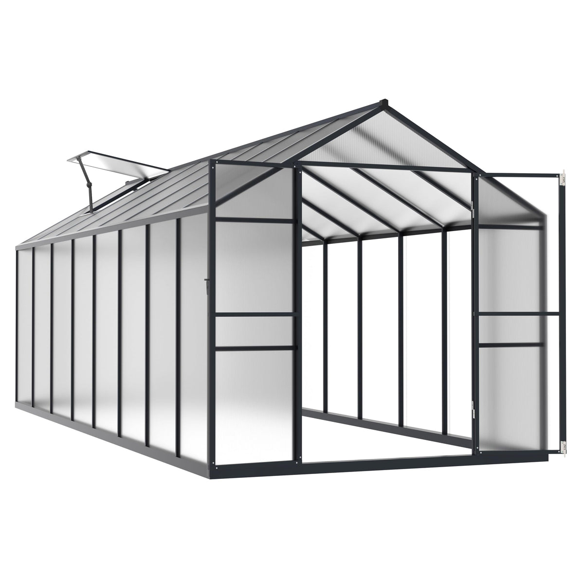 Yardenaler 8x16 FT Polycarbonate Aluminum Greenhouse Kit, Outdoor Walk-in Greenhouse, PC Green House with Adjustable Roof Vents and Lockable Door, Backyard Garden in Winter, Gray