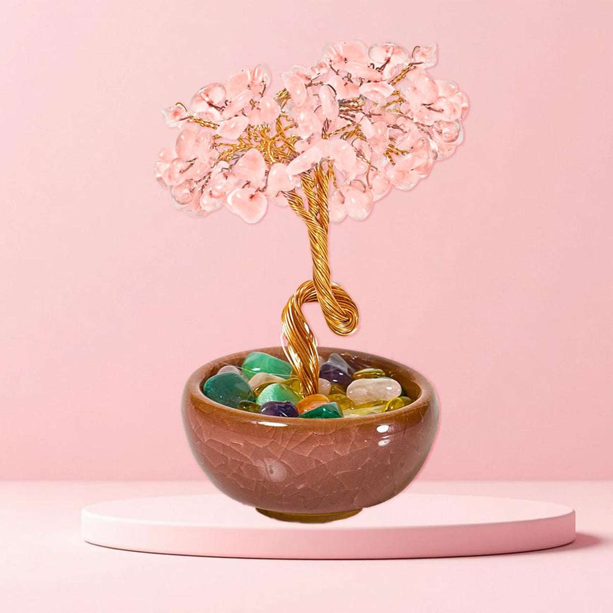 Rose Quartz Crystal Tree,Handmade Love Tree for Romance, Emotional Healing Feng Shui Crystal Tree with Copper Wire and Ceramic Base, Office Desk Decor, Birthday Gift for Women