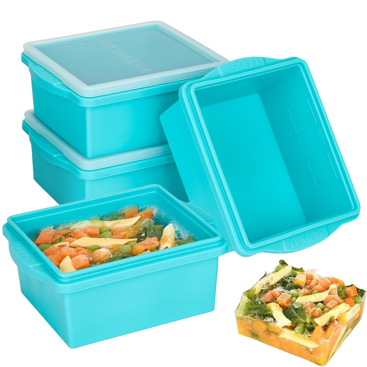 Xomoo 2 Cup Silicone Freezer Trays with Lids, Silicone Soup Freezer Molds - Leakproof, BPA-Free, Stackable, Microwave & Dishwasher Safe, Perfect for Soups, Sauces, Meal Prep, and Baked Goods - 4 Pack