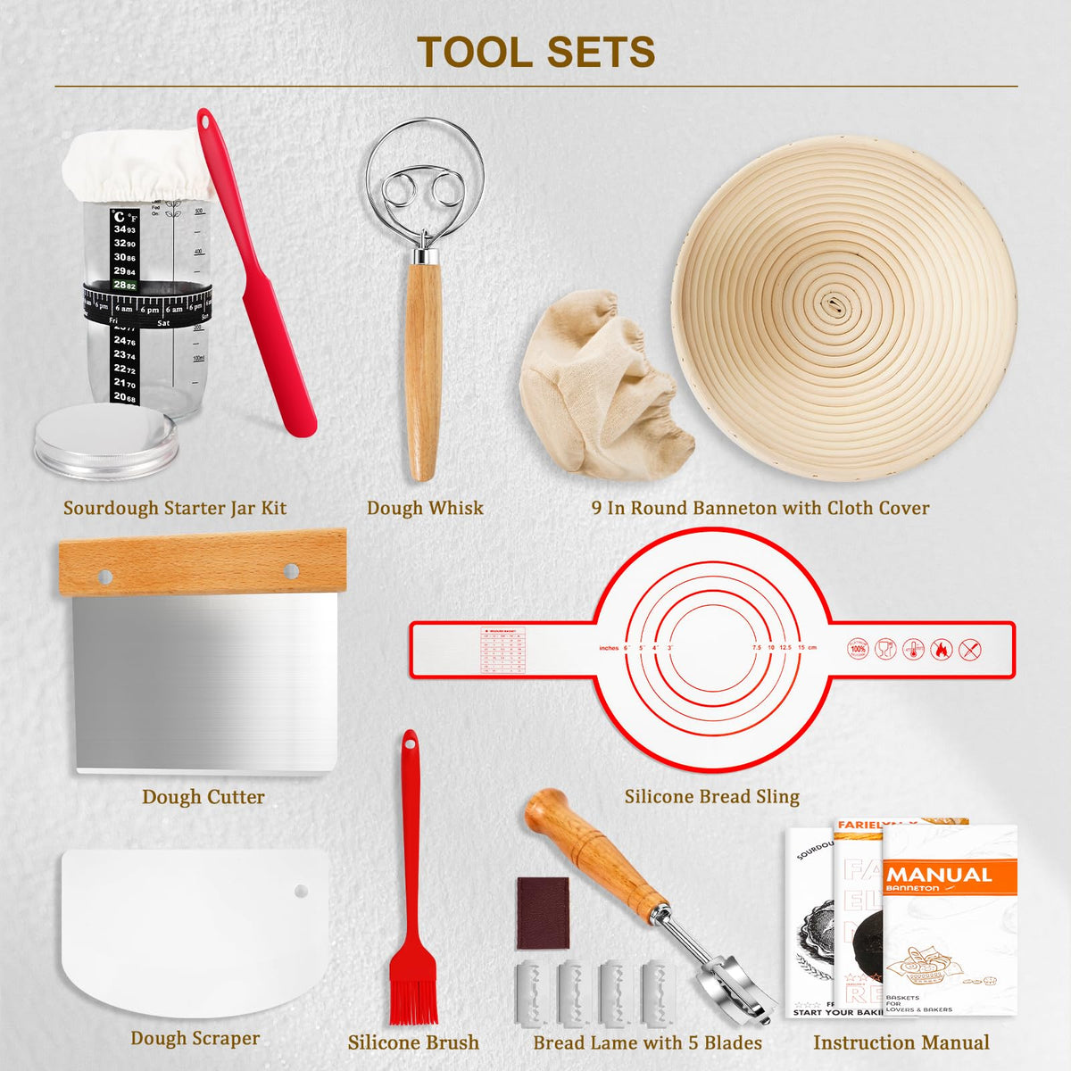 Complete Sourdough Starter Kit, Bread Baking Supplies, 9'' Round Banneton Bread Proofing Basket with Glass Sourdough Starter Jar & Tools, Bakery Accessories for Bread Making Baking Fermentation