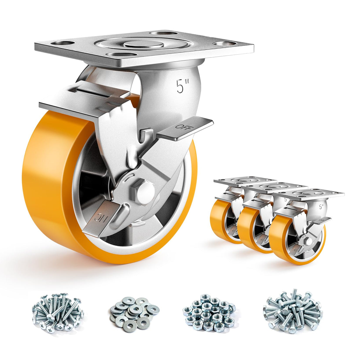 ANDUTEES 5 Inch Heavy Duty Casters Set of 4, Industrial Locking Casters 5000lbs Load Capacity, Plate Swivel Castor Wheels for Heavy Duty Carts, Workbench, Equipment, Platform Truck (Orange)