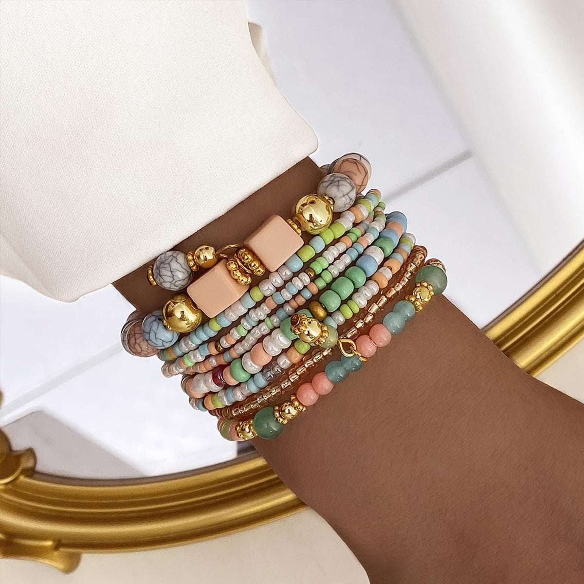 IFKM 8PCS Beaded Bracelets for Women, Multilayered Stackable Strand Stretch Bead Bracelet Pack Handmade Trendy Bohemian Charm Jewelry Colorful