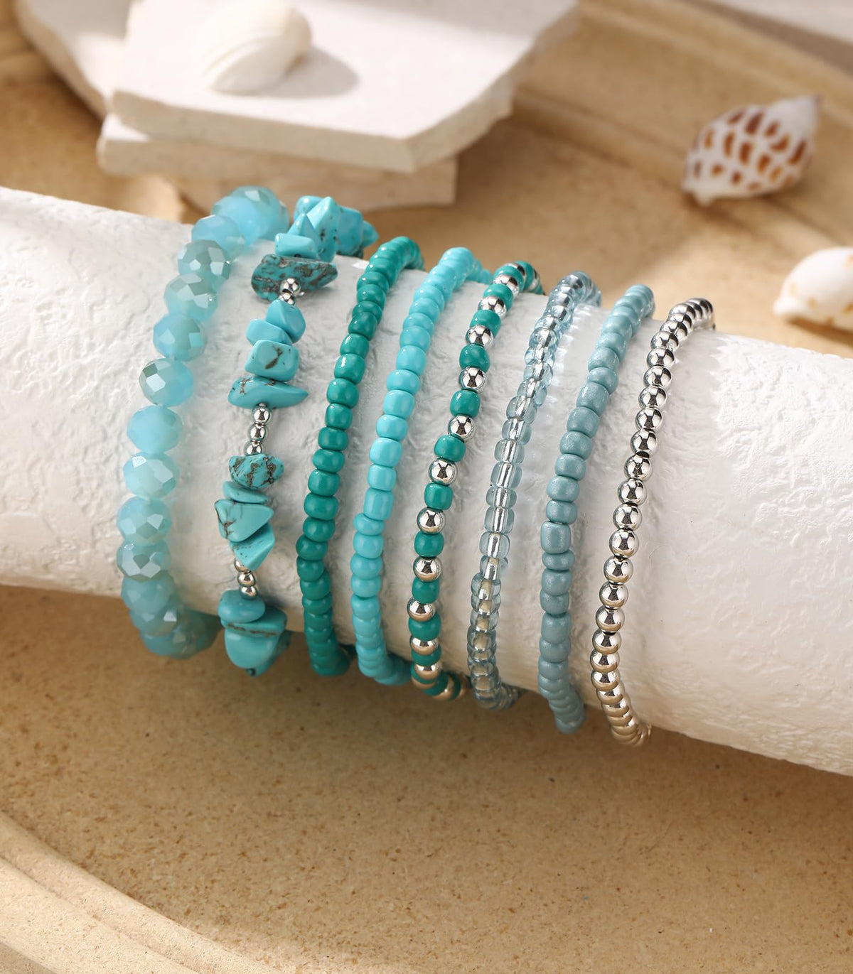 Noessla Boho Beaded Bracelets for Women Stackable Irregular Natural Stone Bead Stretch Bracelet Set 8PCS Costume Jewelry Gifts for Her(Turquoise)