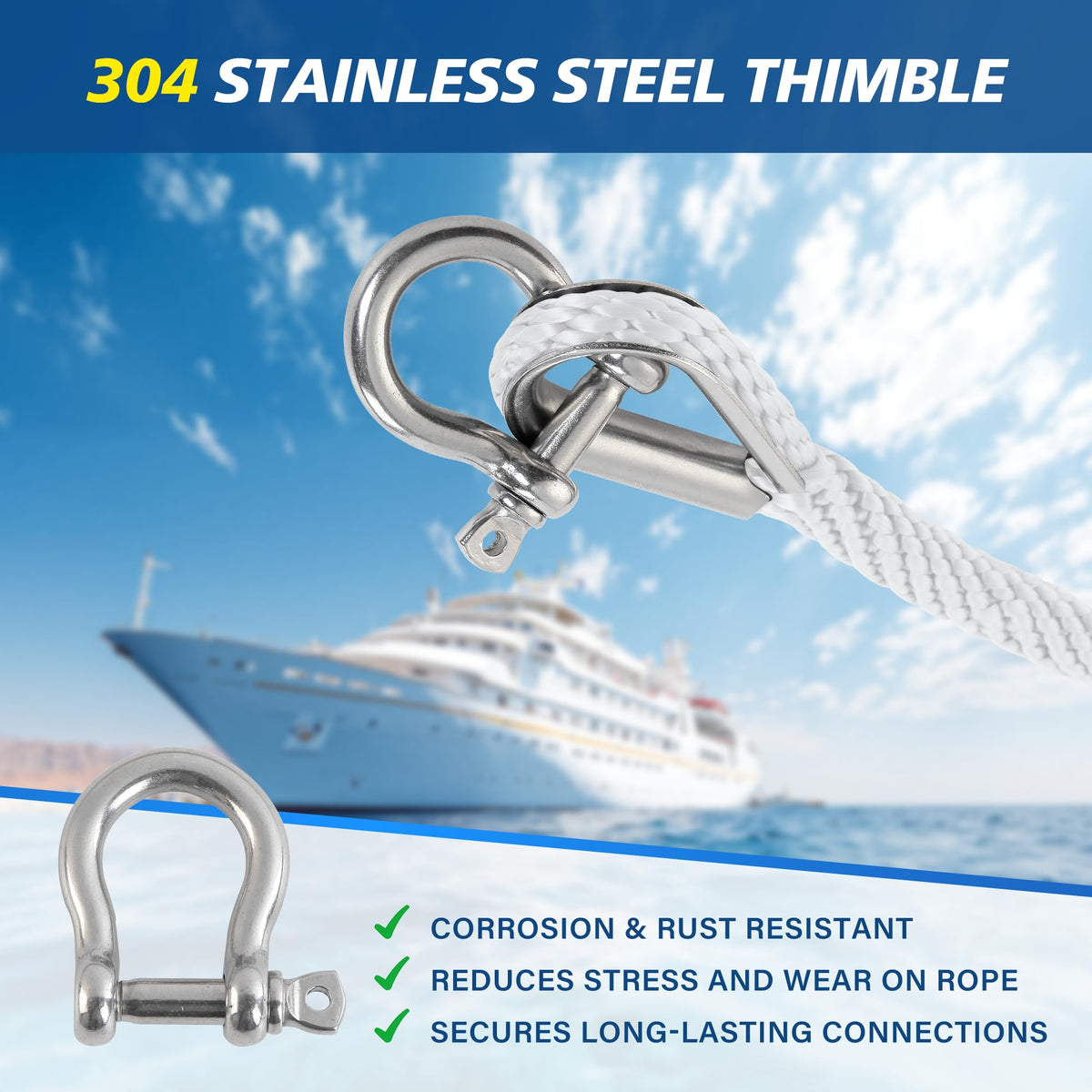 HOPESEILY 3/8 x 100FT Boat Anchor Rope, Premium Solid Braid MFP Marine Line with Stainless Steel Thimble & Shackle for Boats Jet Ski Yacht Dock, Heavy Duty (White)