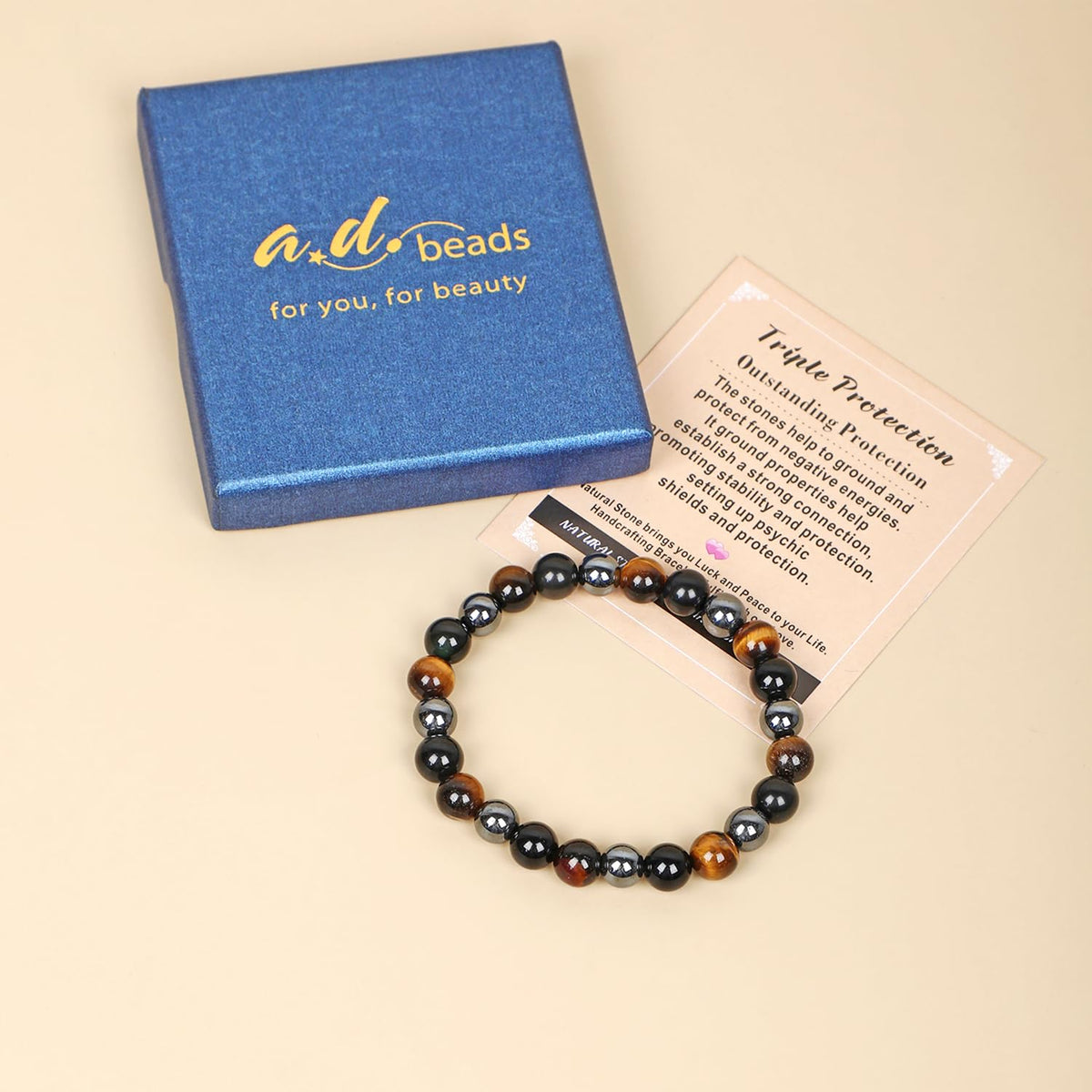 AD Beads Handmade Gemstone Stretch Elastic Bracelet Crystal Healing Reiki Nature's Beauty and Spiritual Essence Unisex (6mm, Triple Protection (Strong Protect))