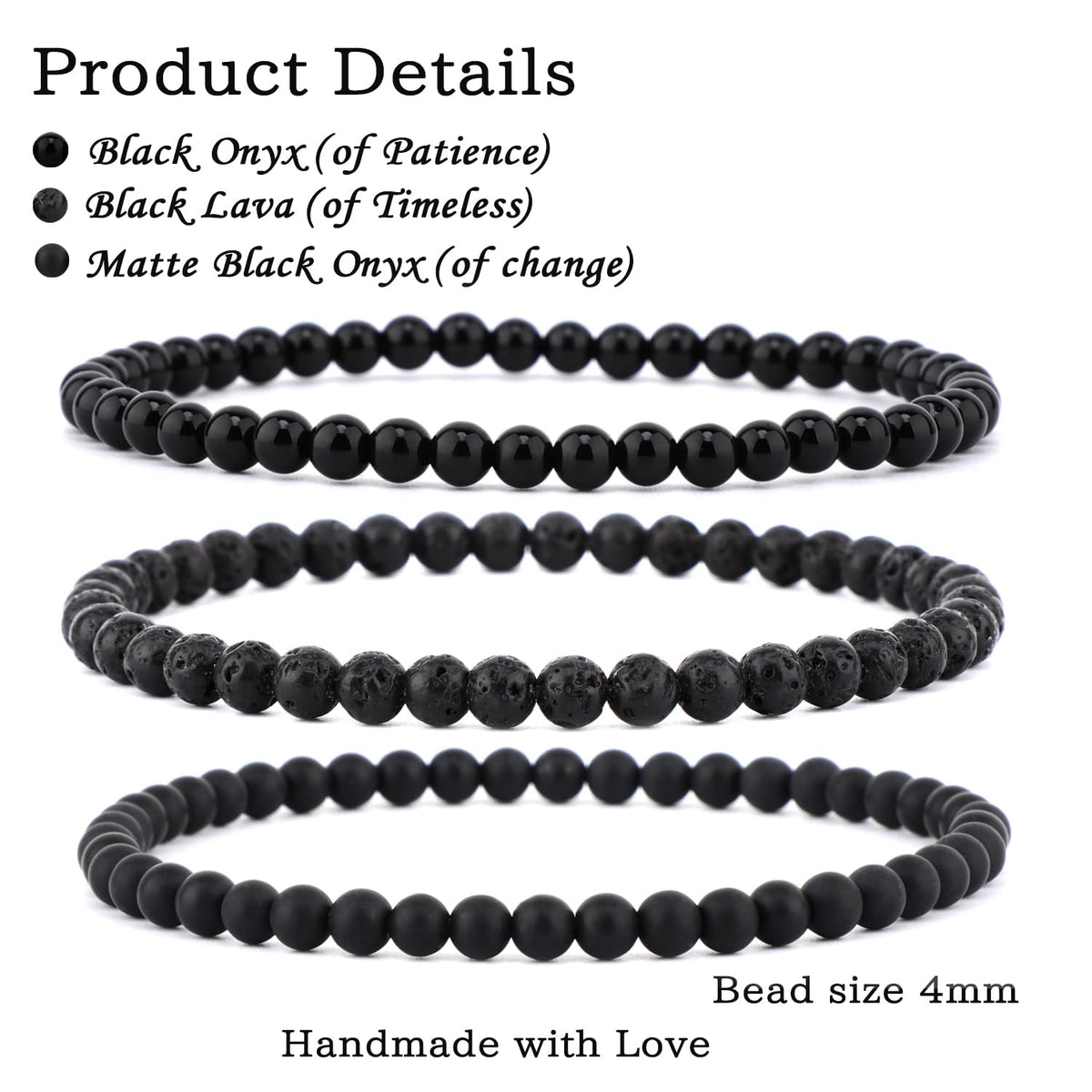 NCB 3-Piece 4mm Natural Crystal Gemstone Stretch Bracelets – ﻿Black Lava, Black Onyx, Matte Black Agate Handmade Reiki Energy Healing Jewelry for Meditation,Yoga, Unisex