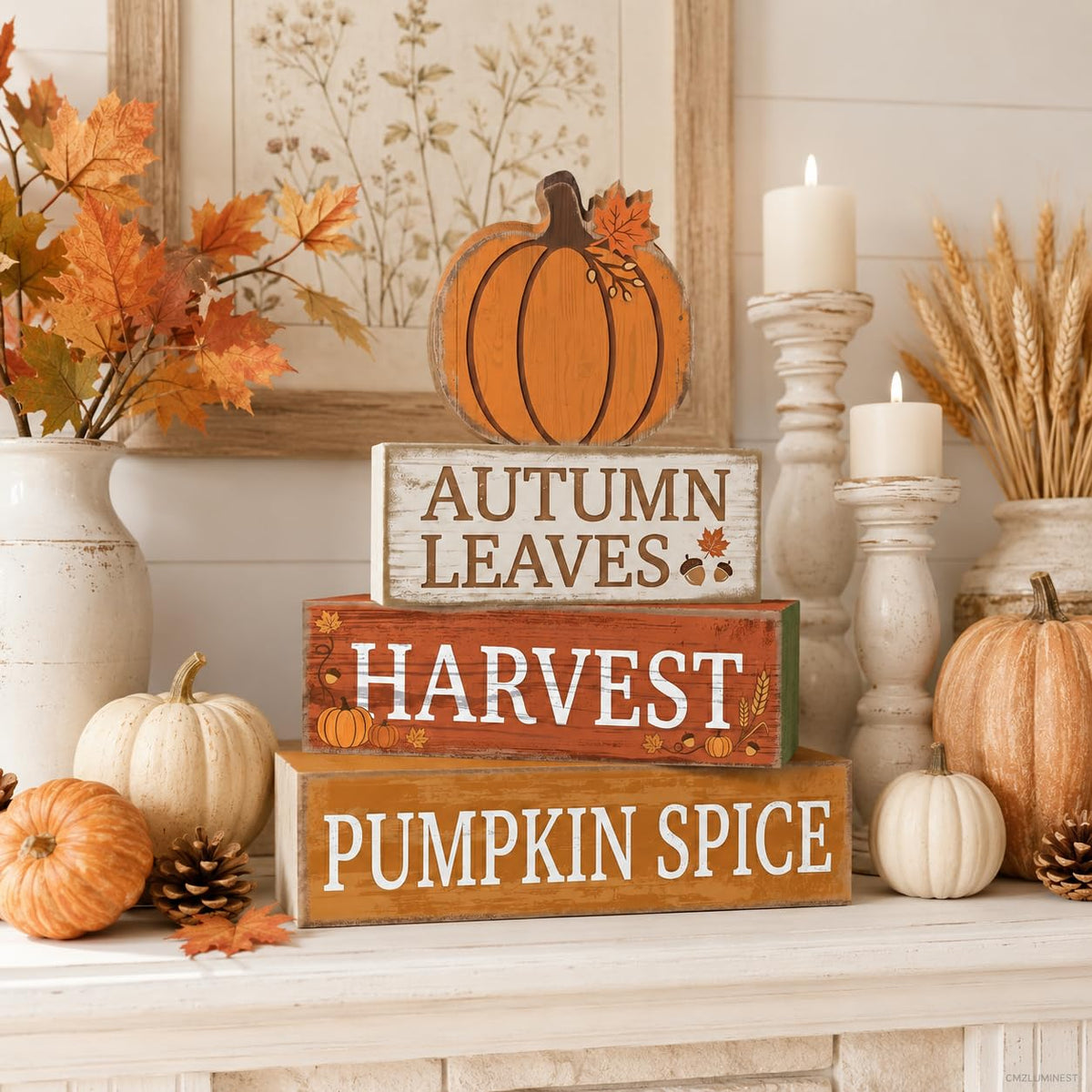 4 Pcs Fall Table Decor, Farmhouse Stacked Wooden Block Signs with Pumpkin Accents, Rustic Thanksgiving Tiered Tray Decorations, Autumn Harvest Tabletop Centerpiece for Home Kitchen Party