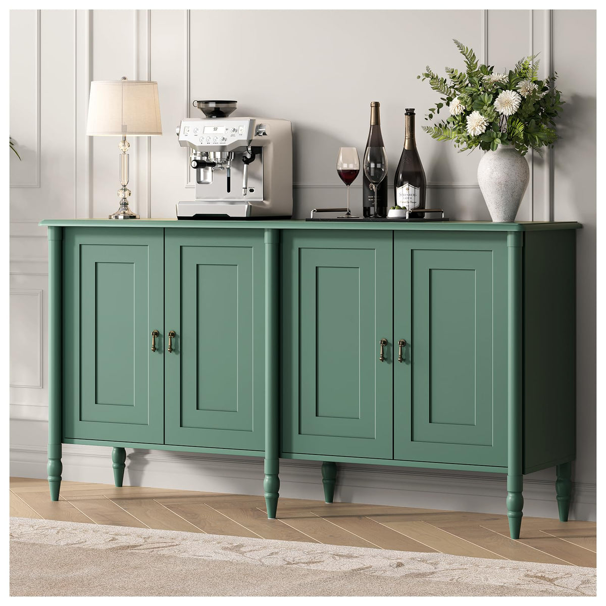 JOINICE 59" Sideboard Buffet Cabinet with Storage,Vintage Credenza with Adjustable Shelves & Solid Wood Legs,Accent Cabinet for Living Room,Dining Room,Kitchen,Bar,Entryway,Hallway,TV Console,Green