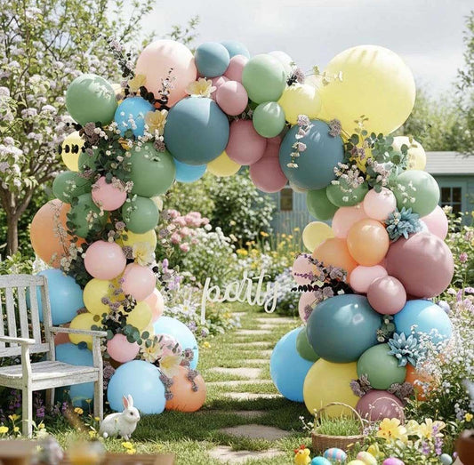 Pink Blue Green Balloon Arch Kit with Artificial Flowers, Double Stuffed Light Baby Yellow Pink Blue Green Pastel Floral Balloon Garland for Baby Shower Wedding Birthday Fairy Spring Tea Party Decor