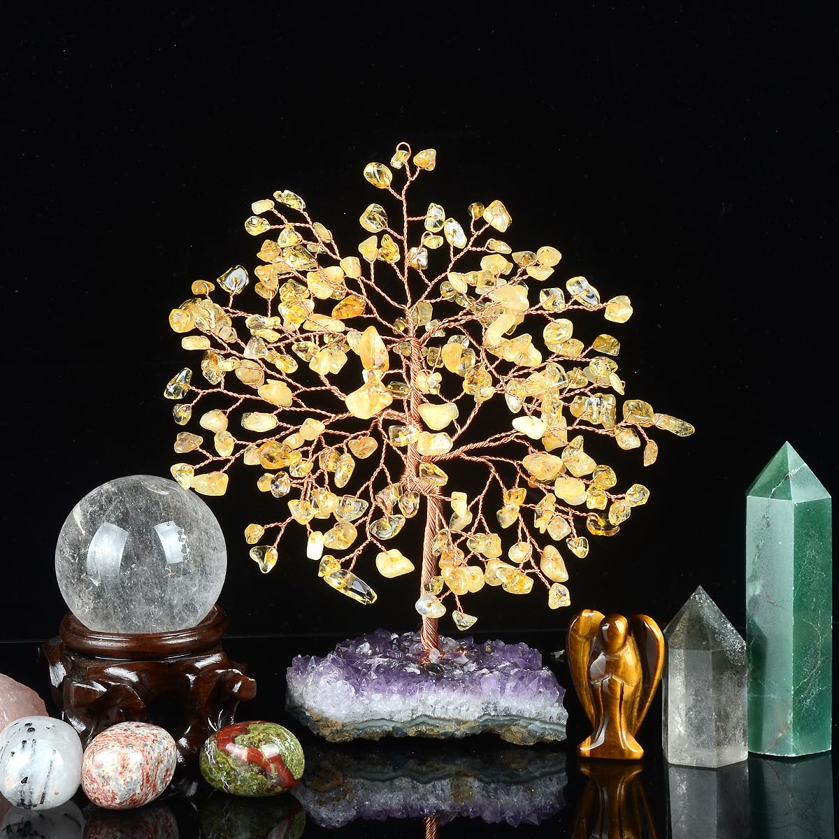 MASGEMES Natural Citrine Crystal Tree with Amethyst Geode Base,Healing Crystals Feng Shui Bonsai Money Tree,Chakra Balancing Positive Energy Home Decor 5.5"-6.3"