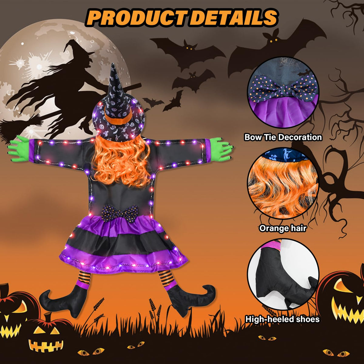 Finphoon Crashing Witch Into Tree Halloween Decoration Lighted Flying Witch Crashing into Tree, Halloween Trees Decorations, Flying Witches Hanging Decor for Yard, Garden, 48" H