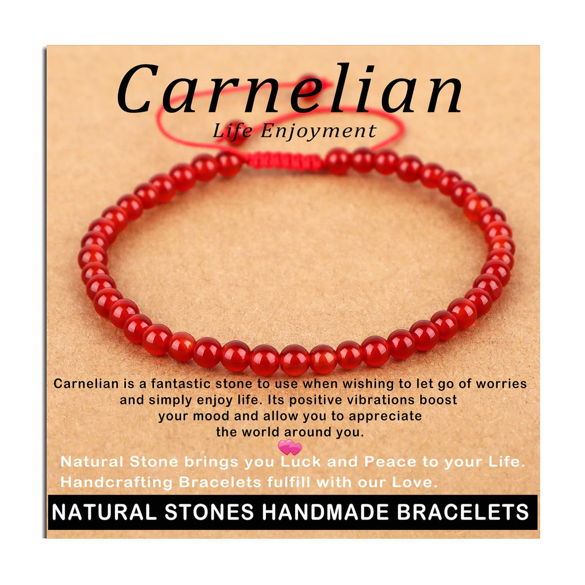 AD Beads 4mm Carnelian Bracelet - Stone of Life Enjoyment - Handmade Natural Stone Crystal Bracelet with Adjustable Macrame String - Yoga Healing Power Energy Gifts for Men and Women