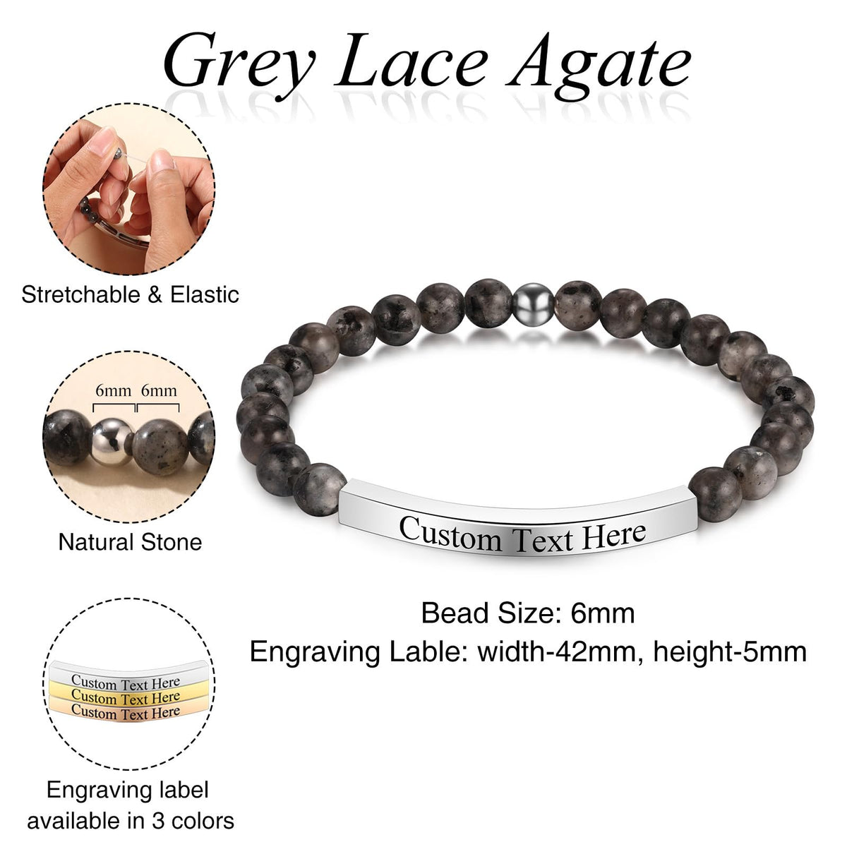 INBLUE Personalized Beaded Bracelets for Women with Engraved Name Natural Stone Stretch Inspirational Bracelet Personalized Jewelry Gift for Mom Wife Friends - Style 05